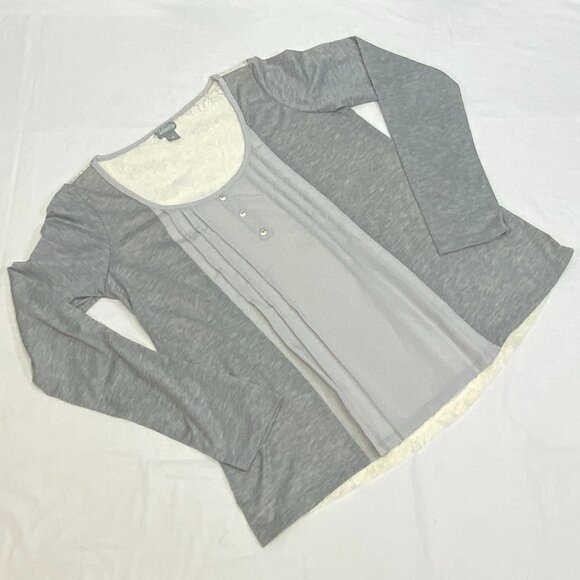 Vanity Scoop Neck Pleat Front Panel Lace Back Long Sleeve Knit Top Grey Ivory M - Picture 8 of 12
